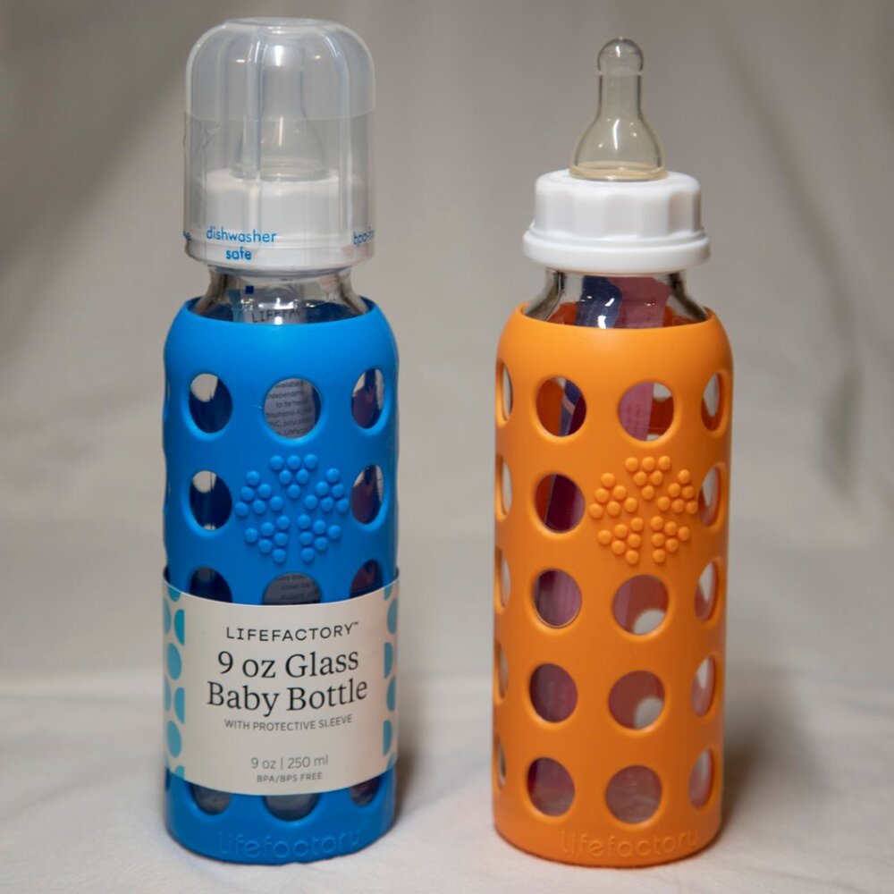 NEW-TWO 9 oz Lifefactory Glass Baby Bottles, Blue, Orange